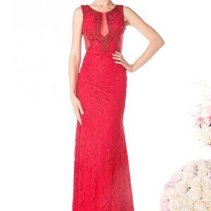 NEW RED EVENING WEDDING PARTY Scoop Neck Sleeveless Lace Long Dress CDJ742